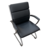 Black leather office chair with chrome cantilever frame and padded armrests.