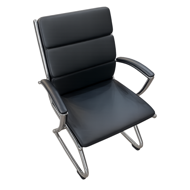 Black leather office chair with chrome cantilever frame and padded armrests.
