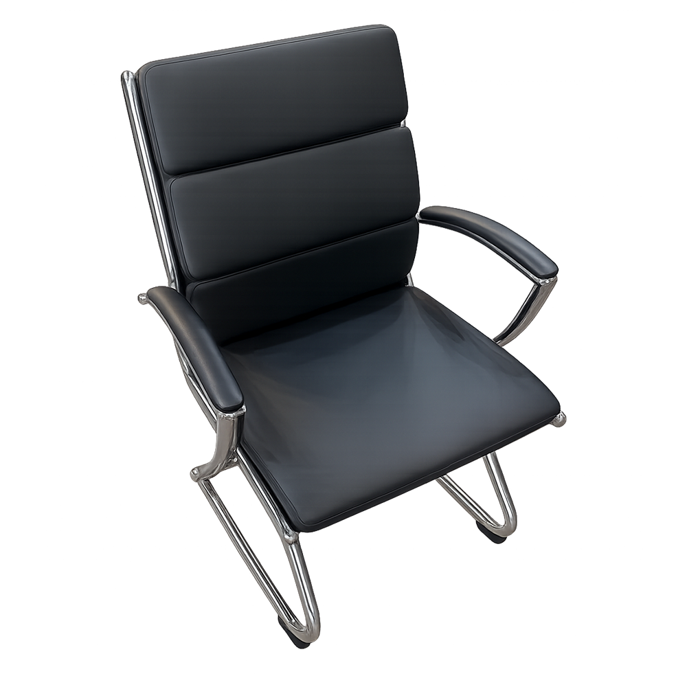 black leather guest chair | Recon Furniture, Decommissioning and Relocation Black leather office chair with chrome cantilever frame and padded armrests.