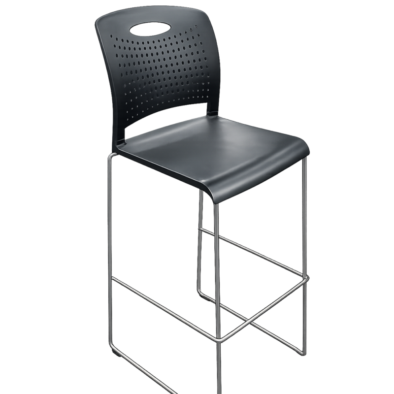 Bar stool with a black seat and perforated backrest on chrome metal legs.