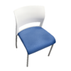 Blue upholstered chair with a white curved backrest, shown from an angled side view against a gray gradient background.
