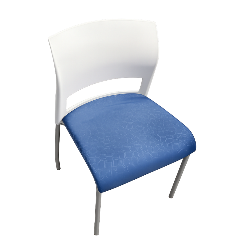 Blue upholstered chair with a white curved backrest, shown from an angled side view against a gray gradient background.