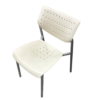 White metal chair with a perforated back and seat, gray tubular legs, shown from an angled view.