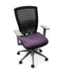 Ergonomic office chair with a purple seat cushion, black backrest, gray armrests, and a wheeled five-star base.