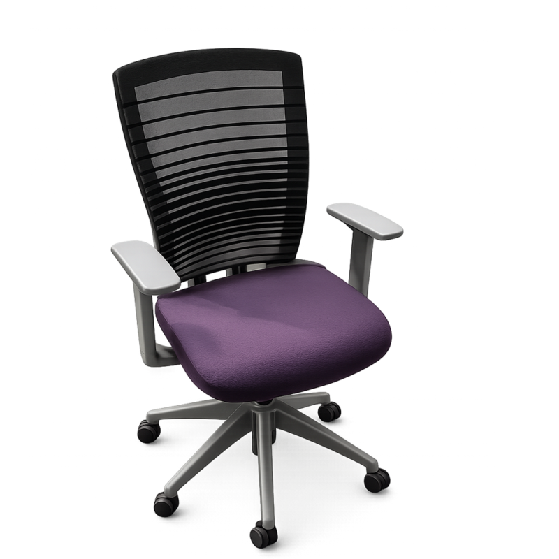 Ergonomic office chair with a purple seat cushion, black backrest, gray armrests, and a wheeled five-star base.