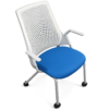 Ergonomic office chair with a white mesh back and blue upholstered seat, on caster wheels