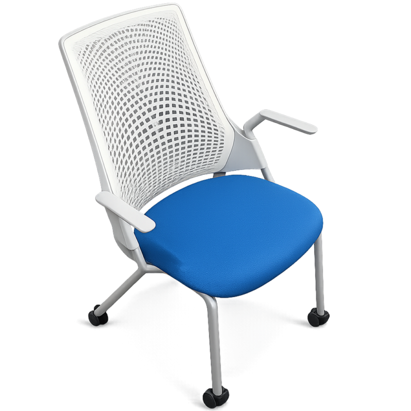 Ergonomic office chair with a white mesh back and blue upholstered seat, on caster wheels