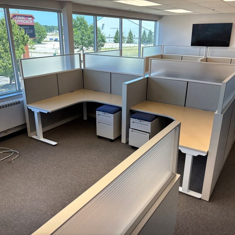Open-plan office with gray cubicles, beige desks, frosted partitions, and a wall-mounted TV on the far wall; large windows reveal trees outside, daylight streaming in.
