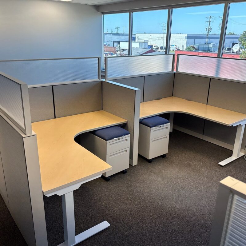 Open-plan office cubicles with L-shaped desks and frosted privacy panels by large windowed wall, showing a quiet workspace with mobile pedestals.