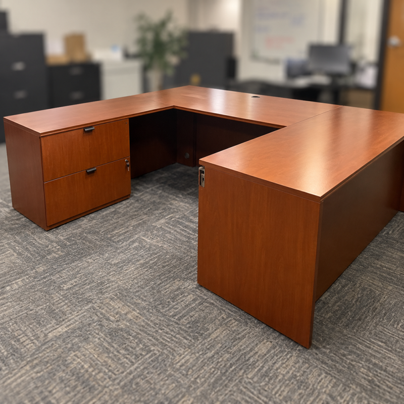 L-shaped wooden office desk with a small drawer cabinet on the left and a hole for cable management on the top surface in a softly blurred office background.