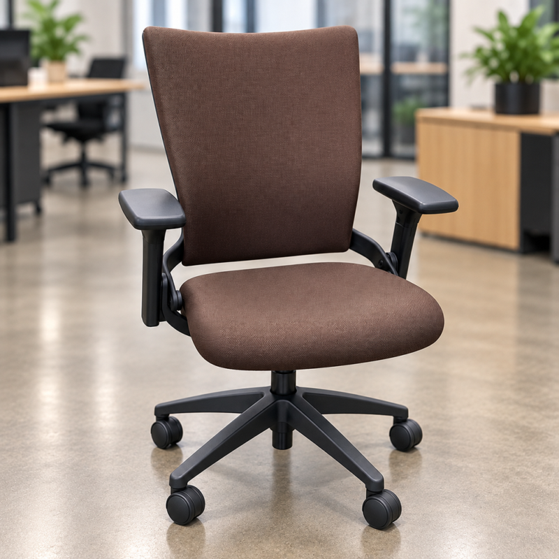 Brown upholstered office chair with armrests on a wheeled base in a modern workspace