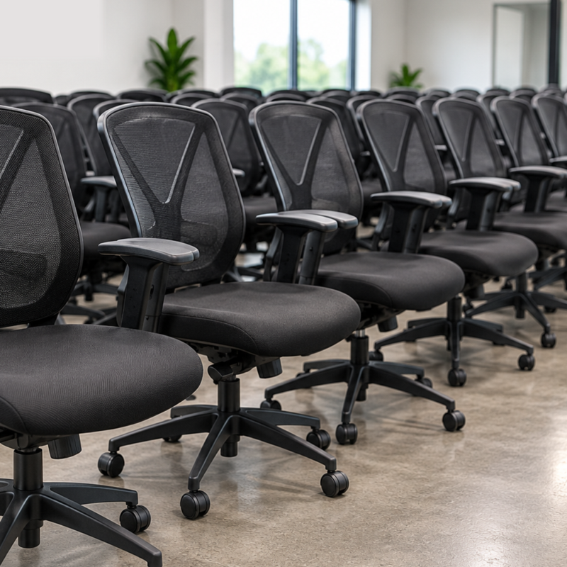 Rows of black mesh office chairs on casters in a bright conference room.