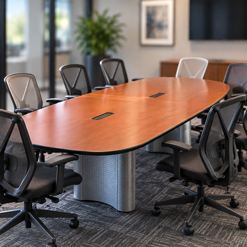 Modern conference room with a long wooden table and multiple black ergonomic swivel chairs; plant and framed art visible in the background.