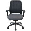 Ergonomic black office chair with padded gray fabric seat and back, adjustable armrests, and a five-star wheeled base