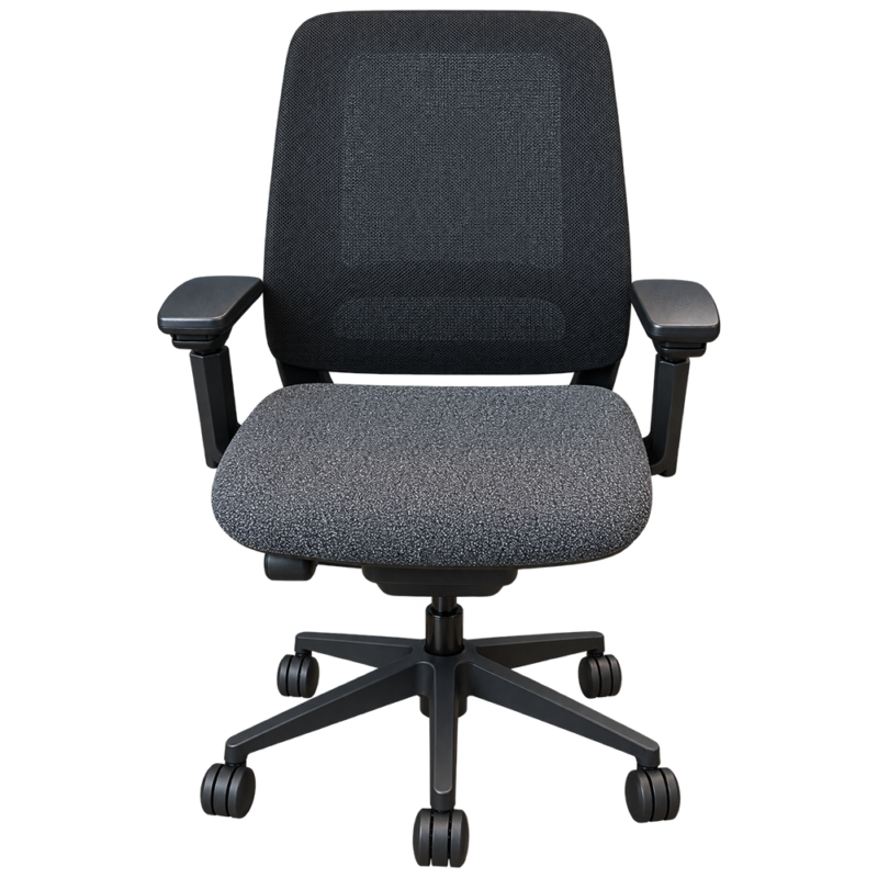 Ergonomic black office chair with padded gray fabric seat and back, adjustable armrests, and a five-star wheeled base