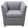 Gray upholstered armchair with rounded arms and wooden feet, viewed from front center.