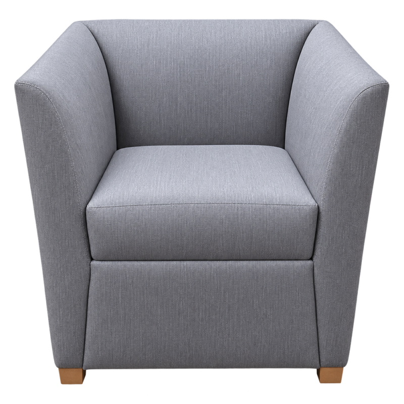 Gray upholstered armchair with rounded arms and wooden feet, viewed from front center.