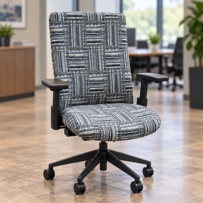 Ergonomic office chair with blue-and-white patterned upholstery, adjustable arms, and a wheeled base in a bright office setting.