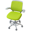 Lime‑green upholstered ergonomic office chair with armrests and a wheeled metal base.