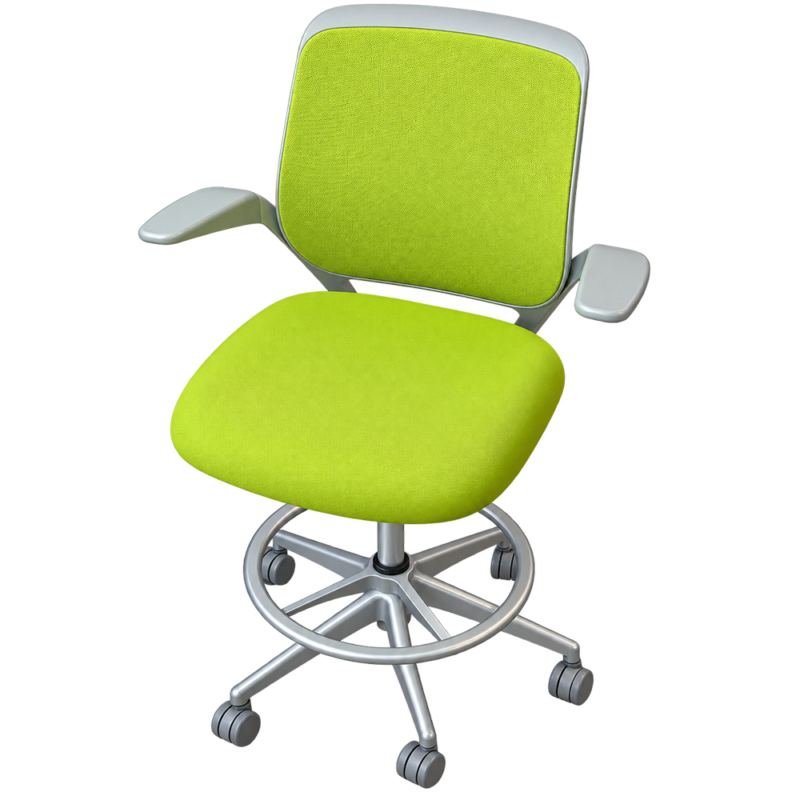 Lime‑green upholstered ergonomic office chair with armrests and a wheeled metal base.