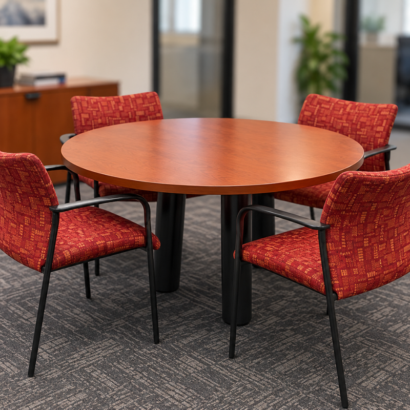 Round wooden meeting table with four red patterned chairs in an office conference area.