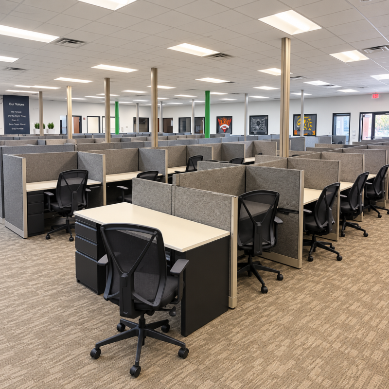Open-plan office with rows of grey cubicles, beige desks, and black mesh chairs in a spacious workspace